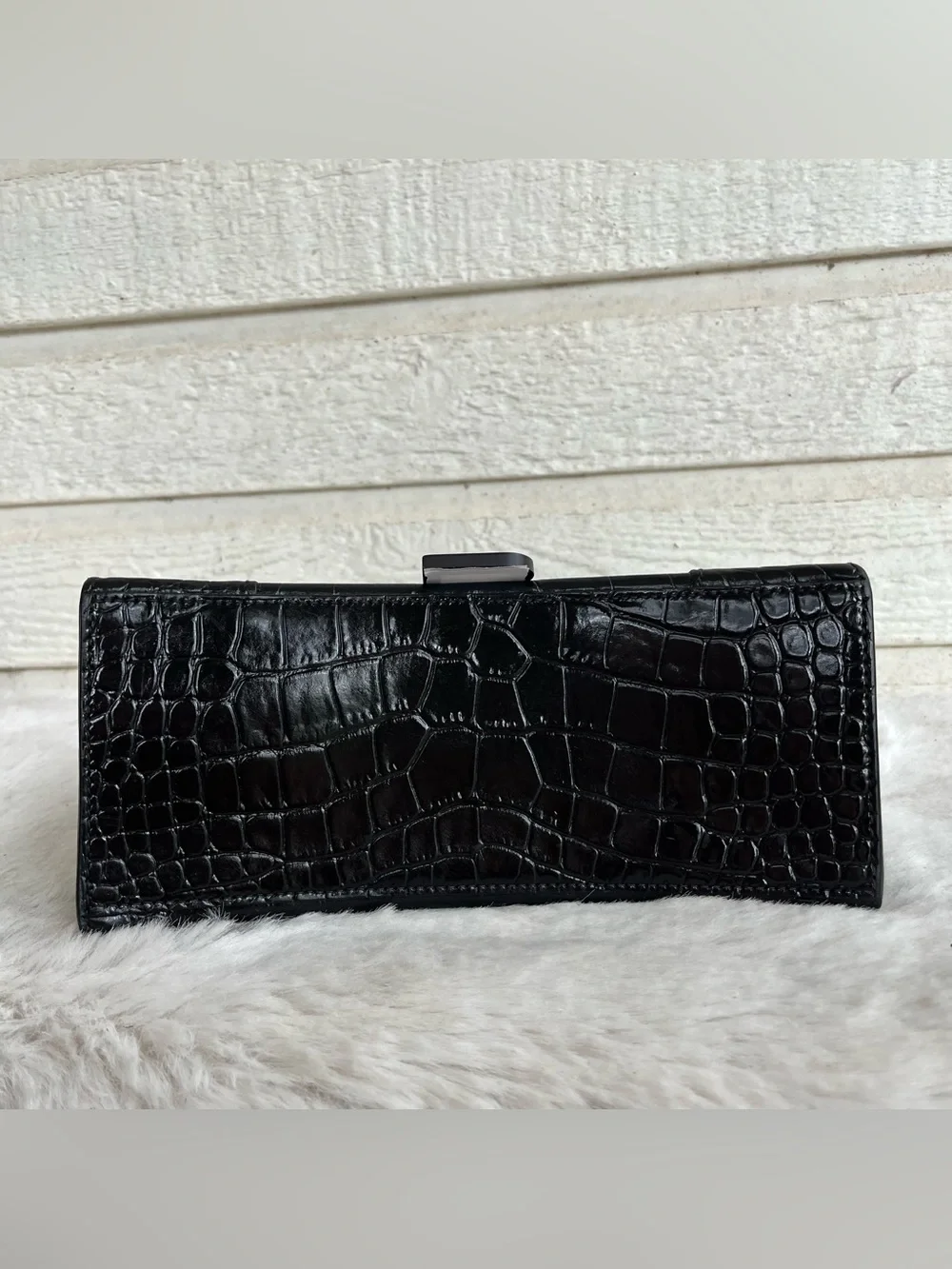 BALENCIAGA Black Croc Hourglass Mini Baguette Crossbody Flap Top Handle Handbag